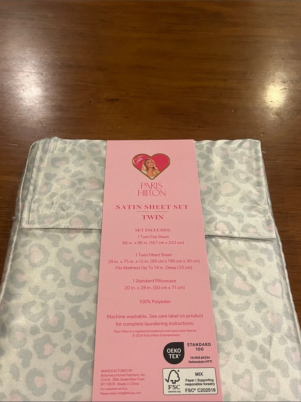Paris Hilton Satin Sheet Set Twin new Flat, Fitted and 1 Pillowcase Leopard
